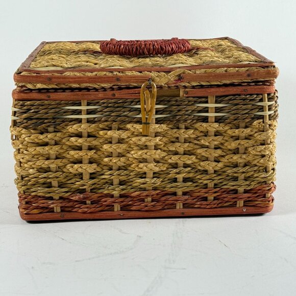 Woven Vintage Sewing Basket Pink Satin Lined Box w/ Wooden Dividers - Picture 1 of 11